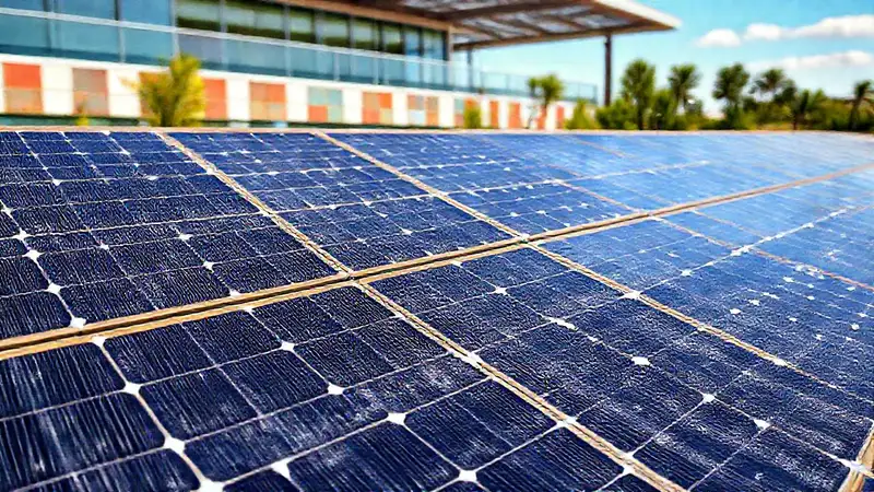 Paneles solares modernos brillan en el sol