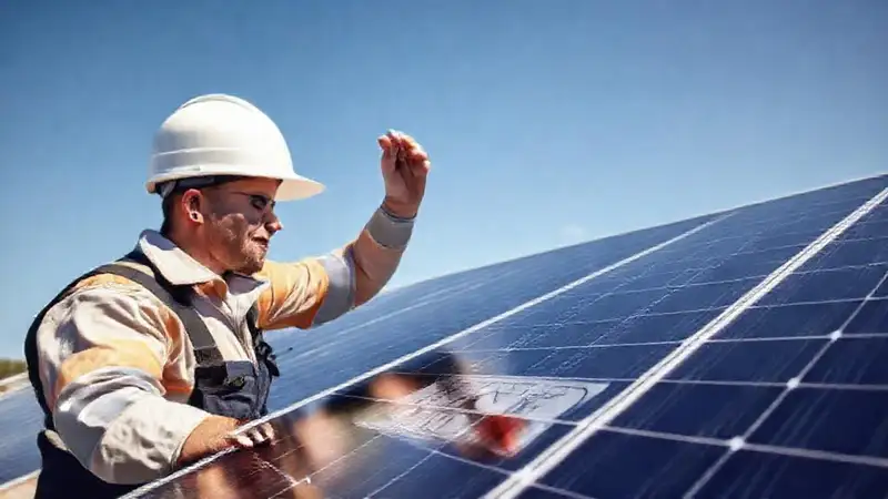 Técnico inspecciona paneles solares obstruidos