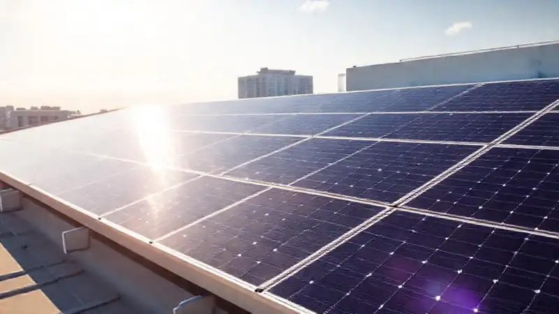 Paneles solares futuristas iluminan edificios urbanos