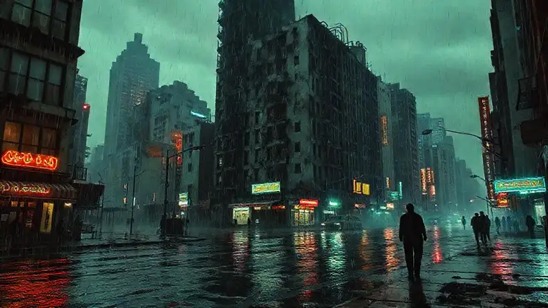 Ciudad decadente, lluvia, sombras y ansiedad