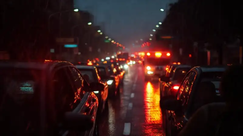 Tráfico denso y caos urbano oscuro