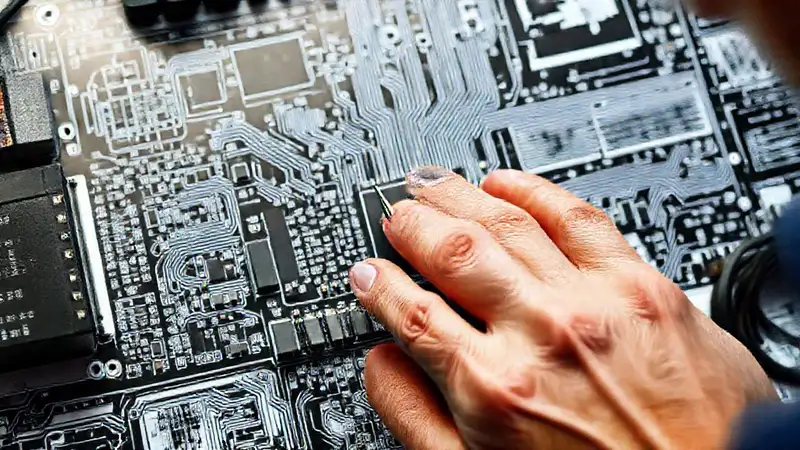 El técnico inspecciona componentes electrónicos
